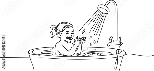 Single one line drawing happy girl playing shower while taking a bath. Bathroom activities concept. Continuous line draw design graphic vector. one line Icon drawing