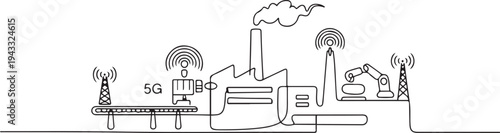 Single one line drawing smart factory. 5G technology concept. Continuous line draw design graphic vector illustration. one line Icon drawing