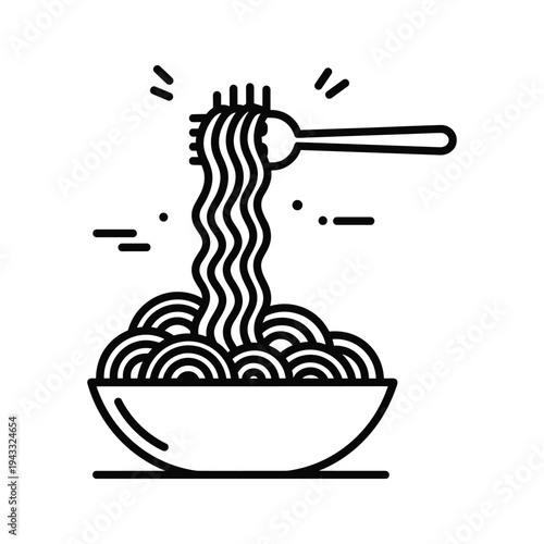 Fork lifting spaghetti from a bowl, simple line art illustration