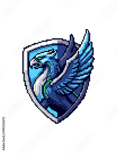 Pixelated griffin emblem on black background