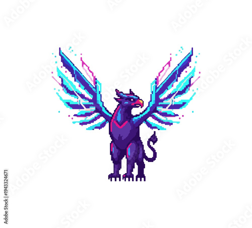 Pixelated griffin illustration with glowing wings on black background