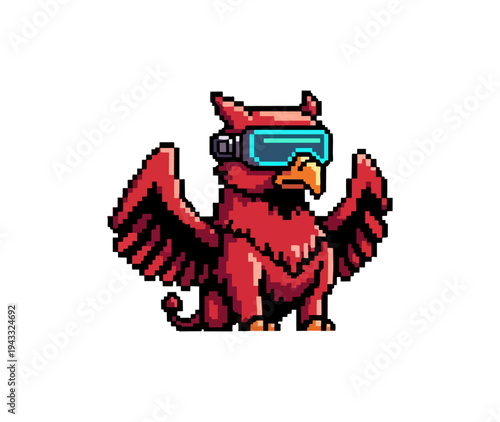 Pixelated griffin wearing vr goggles on black background