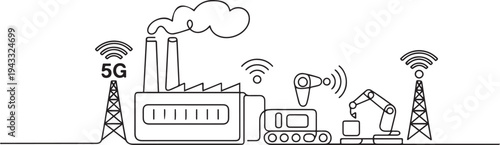 Single one line drawing smart factory. 5G technology concept. Continuous line draw design graphic vector illustration. one line Icon drawing