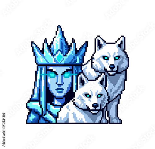 Pixelated queen with wolves illustration in digital art style