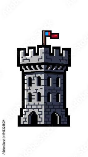 Pixelated tower structure with flags isolated on black background
