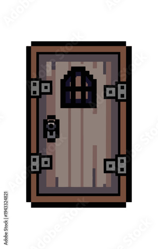 Pixelated wooden door illustration isolated on black background
