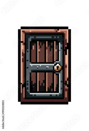 Pixelated wooden door with metal frame and lock isolated on black