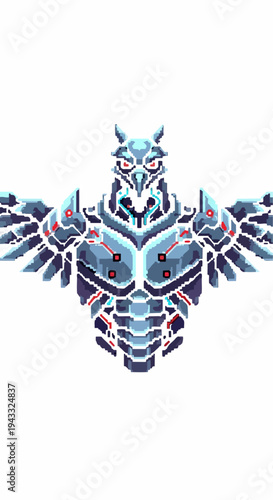 Robotic bird creature pixel art illustration for design