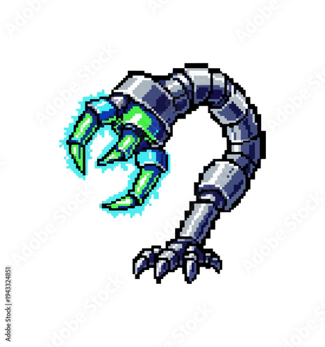 Robotic claw arm pixel art design isolated black background