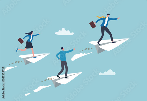 Success leadership to lead team to achieve goal, motivation or aspiration to drive company, teamwork or career opportunity concept, businessman ride paper airplane origami lead team flying to success