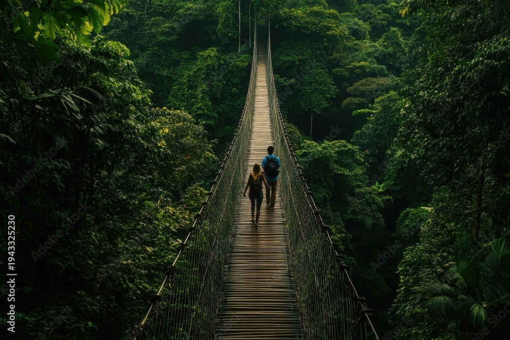 Fototapeta premium Couple Crossing Jungle Canopy Bridge
