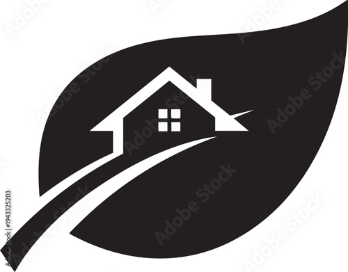 Eco Home LogoHouse Silhouette on Leaf Shape with PathStock Vector