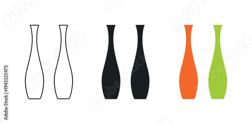 Set of three stylized vase icons in outline, solid black, and vibrant colors