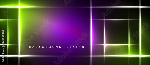 Abstract neon lights create vibrant geometric patterns. Dark background emphasizes glowing rectangles, gradients, modern design elements.