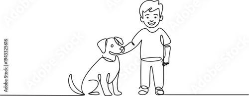Single one line drawing happy boy with his dog. Urban pets concept. Continuous line draw design graphic vector illustration. one line Icon drawing