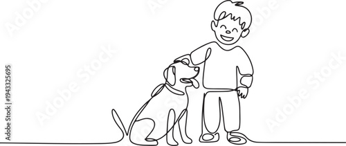 Single one line drawing happy boy with his dog. Urban pets concept. Continuous line draw design graphic vector illustration. one line Icon drawing