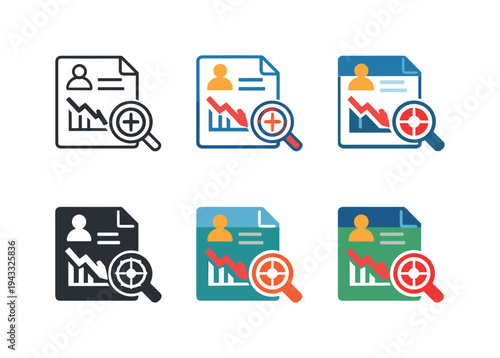 Emblem communicating workforce participation review shown as a resume document icon merged with a downward trend line and