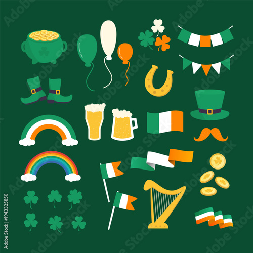 St. Patrick's Day Design Elements Set. Vector Illustration of Pot with Gold,  Shamrock, Horseshoe, Leprechaun gold, Rainbow, Ireland Flags Collection.