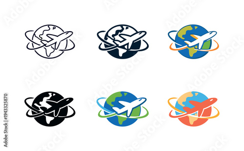 Emblem communicating planetary air travel shown as a winged craft orbiting a simplified earth outline with curved path indicators
