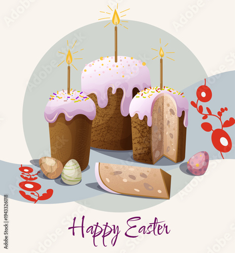 Happy Easter greeting card with traditional Easter cake kulich, candles and decorated eggs, festive spring illustration