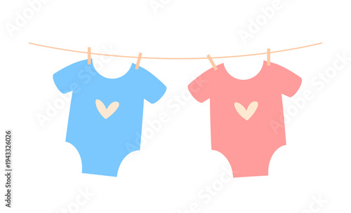 Minimal vector illustration of two baby onesies hanging from a clothesline.