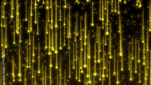 Elegant Golden Light Streaks Falling Like Rain Against A Dark Black Background With Glowing Particles. Luminous Yellow Vertical Lines Create A Luxury Festive Atmosphere For Celebrations, Holidays.