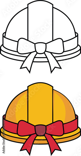 Safety helmet with ribbon and bow vector set, protecting head construction