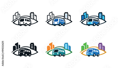 Emblem communicating metropolitan connection service shown as a compact shuttle vehicle paired with twin skyline icons and a