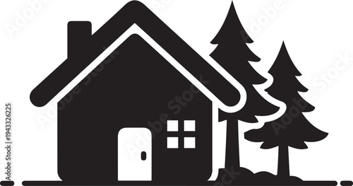 Simple House with Pine Trees Icon Silhouette