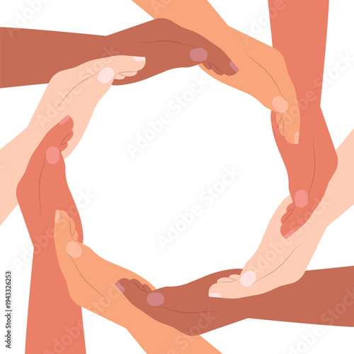 Flat vector illustration of multiple hands arranged in a circular frame, forming a border. Background with a continuous ring of diverse hands, symbolizing unity, diversity, teamwork, support, cooperat