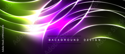 Abstract neon lines create vibrant energy. Green, purple, white glow against dark backdrop. Modern design element.