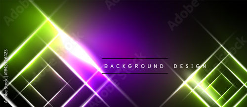 Bright neon lines intersect over purple, green gradients. Black borders frame vibrant abstract background design. Simple text overlay present.