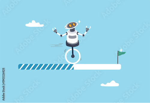 AI artificial intelligence implementation progress, adoption or evolution to improve AI innovation, learning or change to optimize success concept, smart AI robot run on progress bar to reach target.