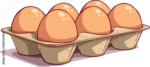 Six fresh brown eggs in a cardboard carton tray, organic farm products illustration in flat cartoon style on white.