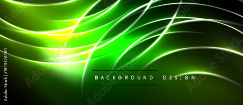 Vibrant green lines curve across dark background. Bright glow creates dynamic, modern visual effect. Text reads background design.