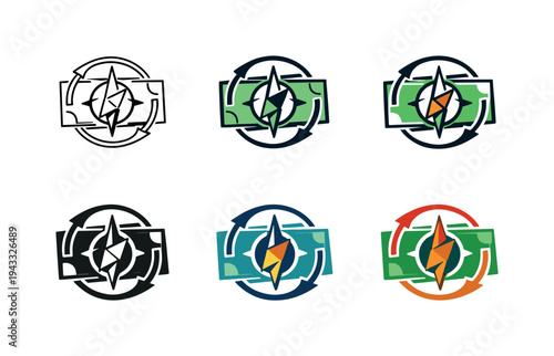 Emblem communicating macroeconomic guidance shown as a compass icon combined with a banknote motif and gentle circular motion