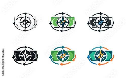 Emblem communicating macroeconomic guidance shown as a compass icon combined with a banknote motif and gentle circular motion