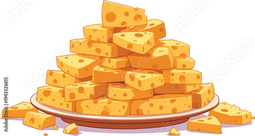 Large pile of yellow Swiss cheese chunks on a plate, dairy product pieces with holes illustration in flat cartoon style on white.