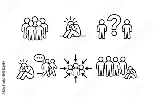 Line style vector icons of social bystander effect illustration: people-group motif, person-in-distress icon, question-mark
