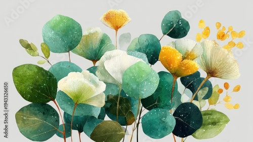 Watercolor style illustration depicting overlapping circular leaves in various hues of green and gold