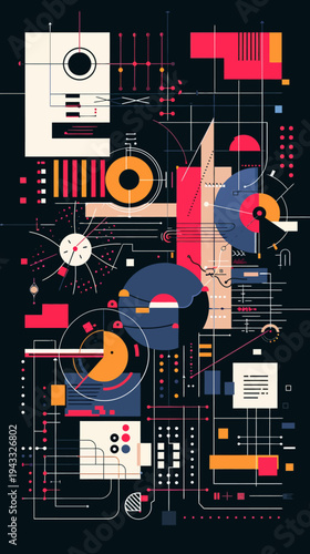 Abstract geometric design with colorful shapes and lines on dark background