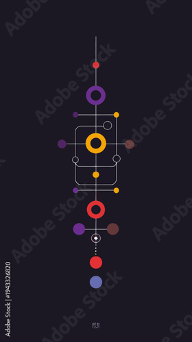 Abstract geometric design with colorful shapes and lines on dark background