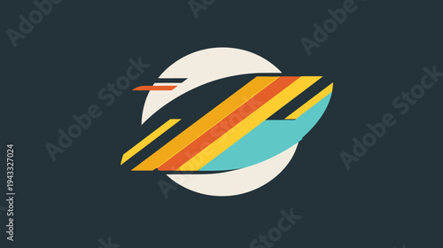 Abstract geometric design with colorful stripes and a circle on dark backdrop