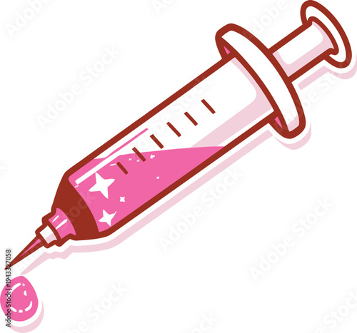 Adobe IllustratoMedical syringe sticker with pink liquid and sparkle details, kawaii vaccine or beauty treatment vector on white background.r Artwork