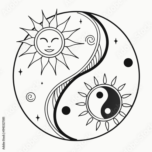 Celestial yin yang balance illustration featuring smiling sun and stars with swirl details for zen meditation and spiritual harmony themed projects