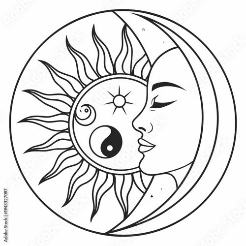 Zen sun and moon face profile with yin yang center and star details for holistic wellness yoga and mindfulness meditation marketing graphic designs