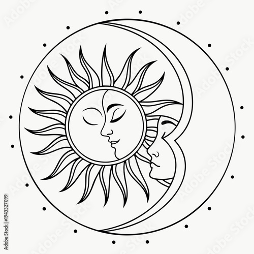 Sun and moon celestial symbols black and white vector line art for coloring book, mystic bohemian style design element isolated on white background