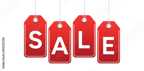 Red hanging sale price tags graphic for retail promotion discount clearance shopping deals marketing banner design ideas