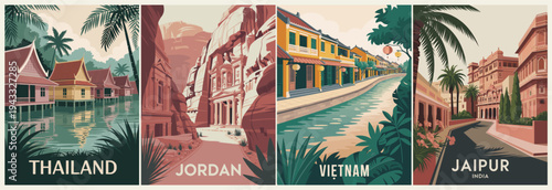 Panoramic retro travel poster set featuring Thailand, Jordan, Vietnam, and Jaipur, India. Flat vector illustrations highlight iconic architecture, canals, and landscapes.