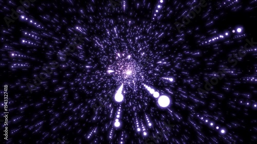 Abstract Purple Light Particles Radiating From A Central Point On A Black Background, Creating A High-speed Motion Effect Like A Cosmic Starfield Or Digital Data Stream, Featuring Glowing Violet Dots.